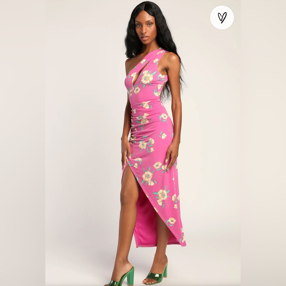 So Vibrant Magenta Floral Print One Shoulder Cutout Midi Dress